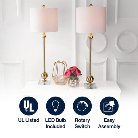 Dope Brass LED Table Lamps Set of 2 With Crystal Bases Mid Century Modern Sputnik Design on white console in living room.