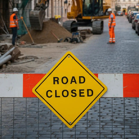 3 Pack Aluminum Road Closed Signs 24 Inch By 24 Inch Pro Grade Reflective Laminated Material With Pre Drilled Holes For Construction Sites Driveways And Streets, front view on barricade at construction site