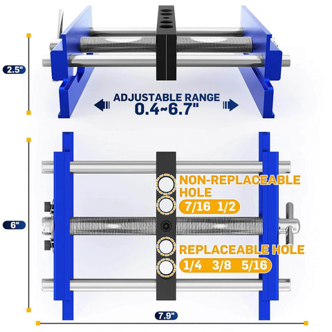 Upgraded 6.7 Inch Self Centering Doweling Jig Kit showing adjustable width, guide bushings, and size dimensions for panel drilling.