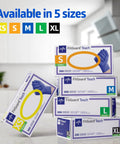 Medium Nitrile Exam Gloves, 300 Pack, Powder Free And Latex Free, Straight Up Soft For Hella Dexterity During Food Prep, Caregiving And Home Cleanups displayed in sizes XS to XL.