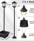 63-Inch Solar Lamp Post With Planter, 3-in-1 Aluminum Outdoor Path Light showing design options for paths, planters, and grass.