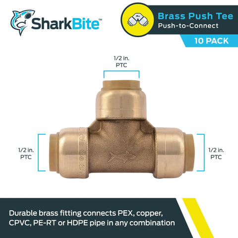 Push To Connect Brass Half Inch Tee Plumbing Fitting Pack Of 10 For PEX Copper CPVC PE-RT HDPE Pipelines