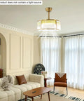 Vintage Industrial Caged Ceiling Fan Light Fixture with Remote,7-Blade Fan hanging in a cozy living room with light curtains.