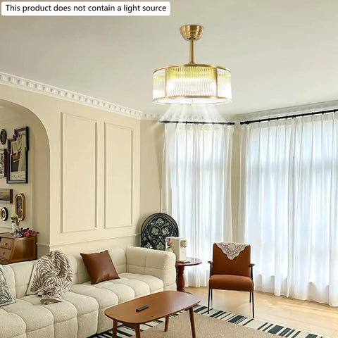Vintage Industrial Caged Ceiling Fan Light Fixture with Remote,7-Blade Fan hanging in a cozy living room with light curtains.