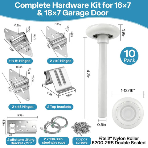 Garage Door Hardware Kit Replacement For 16x7 And 18x7 Doors With Premium White Nylon Rollers Heavy Duty 14 GA Hinges Top And Bottom Brackets Lift Cables And Mounting Screws Ready To Install For Residential Use. 10-pack parts