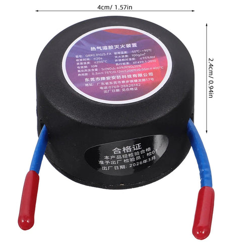Top Shelf Automatic Aerosol Fire Extinguisher For Car Engine Garage And Apartment With Adhesive Back Mount, compact size, black with wires.