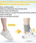 Foot drop ankle brace for poor walking gait, showing before and after with cushioned comfort, adjustable wrap compression, gray.