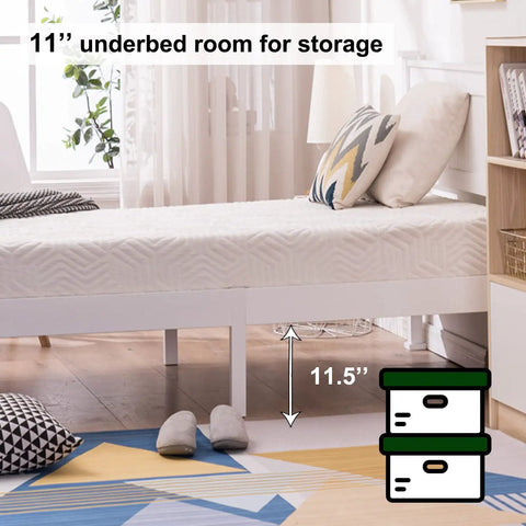 Twin Size Solid Wood Platform Bed Frame With Headboard No Box Spring Needed White Finish showcases 11" underbed storage space.