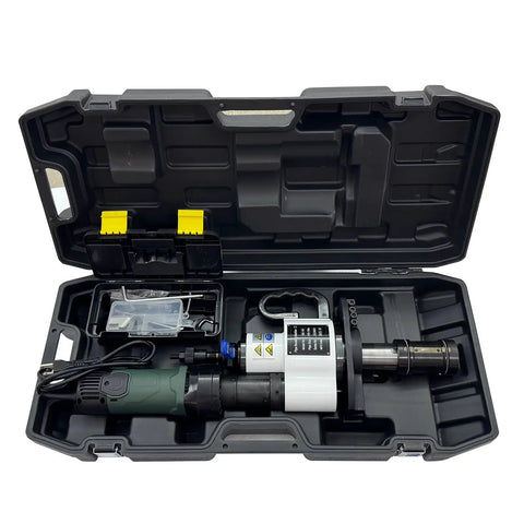 Heavy Hitter Electric Pipe Bevelling Machine Handheld Internal Expander in portable case with accessories for metal chamfering.