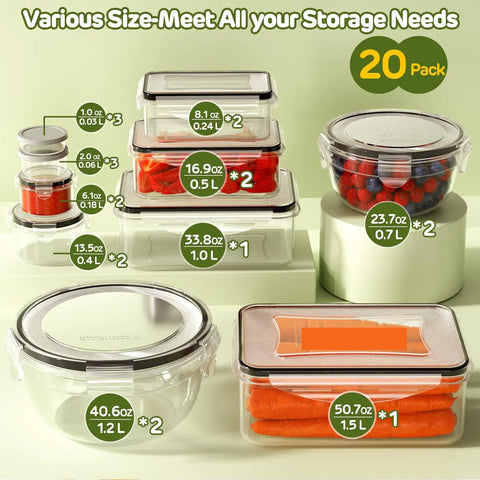 Various sized airtight food storage containers with lids, part of the Forty Piece Airtight Food Storage Containers With Lids Set For Grab And Go Meal Prep And Kitchen Organization Leakproof Reusable Plastic Containers Microwave Safe And Dishwasher Safe Includes Labels And Pen Twenty Lids And Twenty Containers.
