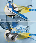 Close-up of Heavy Duty Electric Stair Climbing Hand Truck With Dual Motors And Smart Load Balancing Board, showing last step support wheels.