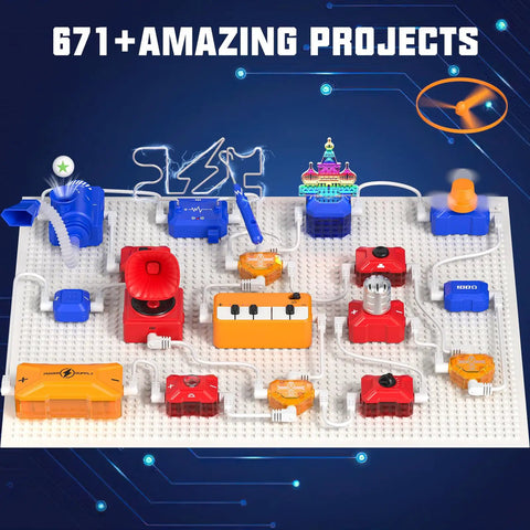 Kids Electronics Exploration Kit With Over 671 Circuit Projects And Physics Experiments board with colorful components