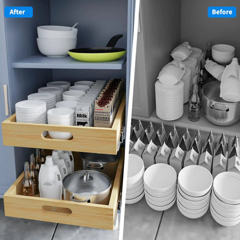 Slick Sliding Soft Close Drawer Organizers, Heavy Duty Wood Pull Out Shelves For Kitchen Base Cabinets And Pantry, 12 by 21 inches, neatly storing dishes.