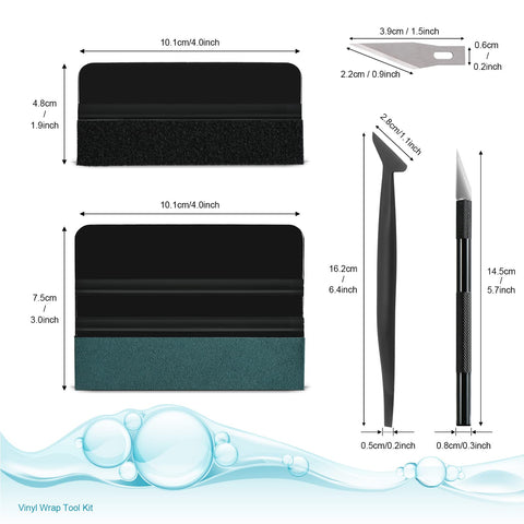 Car Window Tint Installation Kit With 9 In 1 Window Film Tools For Easy Tinting, Pro Grade Vinyl Wrap Squeegees, dimensions shown