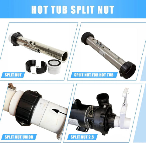 2-inch spa hot tub heater split nut unions with screws and gasket; stainless steel tubes with black end collars (2 pcs)