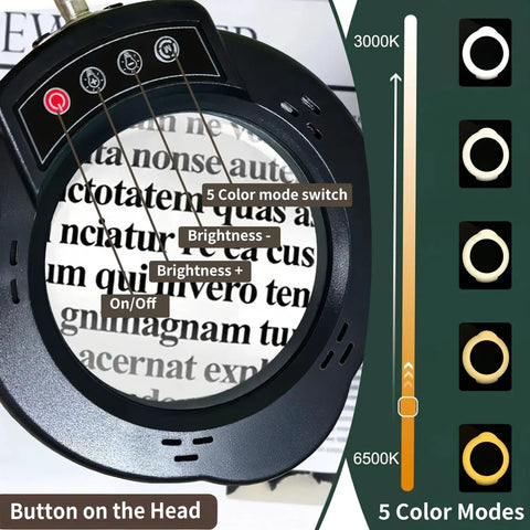 Magnifying Glass Desk Lamp With Clamp And Base, Real Glass Lens, 84 LEDs, 5 Color Modes, close-up of control buttons and lens