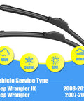 Straight Up Premium Silicone Wiper Blades For Jeep Wrangler JK 2007 To 2018 displayed with service types rain, snow, sun, wind.