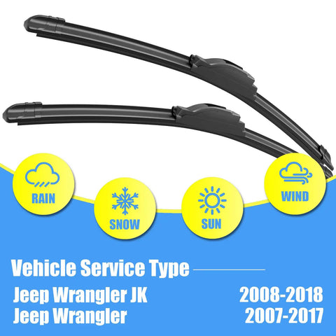 Straight Up Premium Silicone Wiper Blades For Jeep Wrangler JK 2007 To 2018 displayed with service types rain, snow, sun, wind.