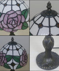 Close-up of 8 Inch Tiffany Style Pink Rose Table Lamp For Girl Bedroom Bedside Nightstand Decor Stained Glass Lamp With Bronze Vintage Base