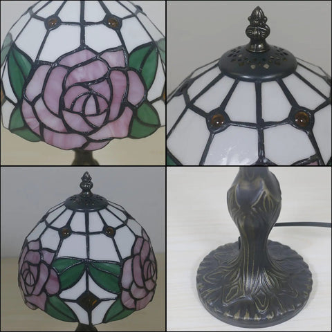 Close-up of 8 Inch Tiffany Style Pink Rose Table Lamp For Girl Bedroom Bedside Nightstand Decor Stained Glass Lamp With Bronze Vintage Base