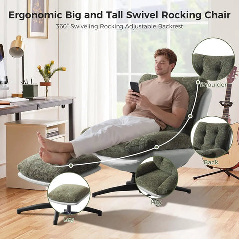 Man relaxing on oversized 360 degree swivel accent chair with ottoman, heavy duty 400 lbs capacity, grey, in living room