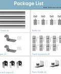 16 Foot Box Rail Exterior Barn Door Hardware Kit components including track, rollers, stoppers, brackets, and guides in silver.