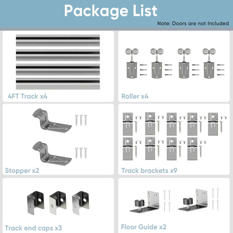 16 Foot Box Rail Exterior Barn Door Hardware Kit components including track, rollers, stoppers, brackets, and guides in silver.