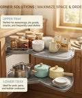 2 Tier Adjustable Lazy Susan Corner Cabinet Organizer with soft close pull out filled with jars and cookware in a kitchen