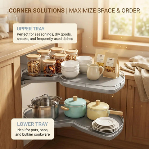 2 Tier Adjustable Lazy Susan Corner Cabinet Organizer with soft close pull out filled with jars and cookware in a kitchen