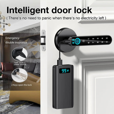 Image of Smart Fingerprint Door Lock With Keypad And App Control, 4-In-1 Biometric Keyless Entry, installed on a white door.