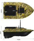Top and side view of RC Fishing Bait Boat With Dual 5200mAh Batteries and Carrying Bag, 1640ft Remote Range, 3.3lb Load, Camouflage Green