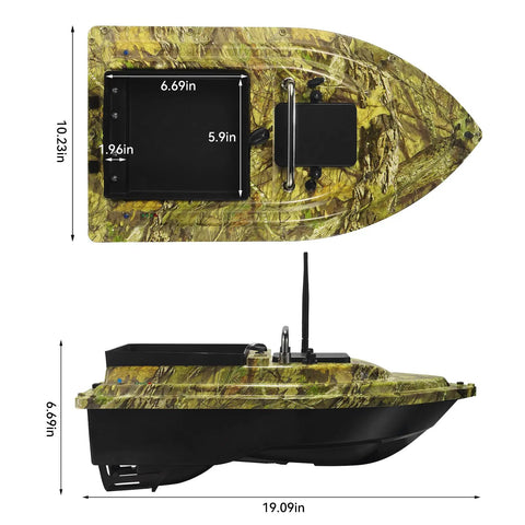 Top and side view of RC Fishing Bait Boat With Dual 5200mAh Batteries and Carrying Bag, 1640ft Remote Range, 3.3lb Load, Camouflage Green