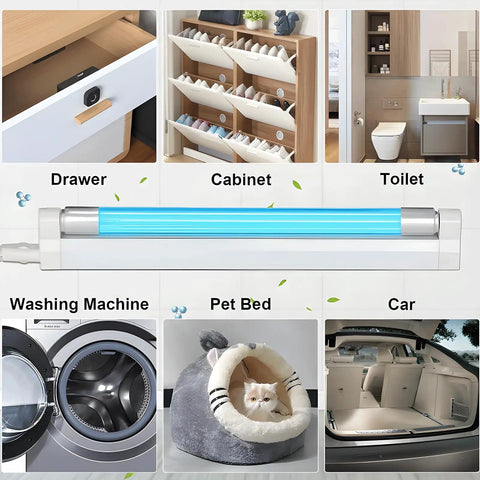 Powerful 6W UVC Sanitizer Lamp Ozone Free 253.7 Nanometer Purifies Air And Surfaces For Shoes Closets Cabinets And Bathrooms Corded 110V Plug In Home Cleaner Great Fathers Day Gift in various home settings.