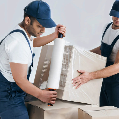 Workers using Industrial Strength Stretch Film 15 Inch By 1000 Feet Pallet Wrap With Handles Heavy Duty Clear 60 Gauge Moving Wrap 2 Pack Rolls