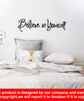 Bedroom decor with bed and "Believe in Yourself" motivational wall decal set of seven inspirational quotes for women and girls home decor.