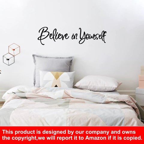 Bedroom decor with bed and "Believe in Yourself" motivational wall decal set of seven inspirational quotes for women and girls home decor.