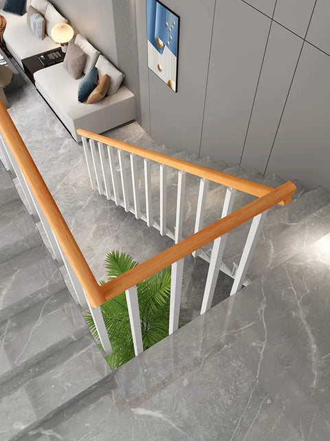 Heavy Duty Side Mount Stair Railings And Deck Balusters With Pre Drilled Screw Kit For Porch Balcony Handrail Posts Indoor Outdoor Projects Complete Hardware, white steel balusters and wooden handrail.