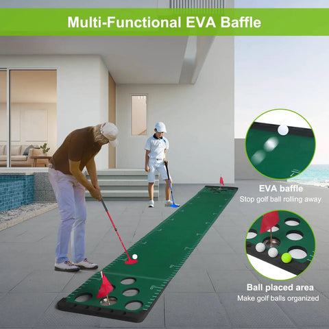 People using the Ultimate Backyard Golf Putting Game Set With Velvet Putting Mat For Home Practice and bidirectional markers