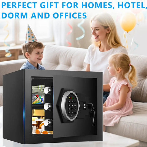 Beefy Steel 1.2 Cub Compact Home Safe with fireproof and waterproof design in family setting showing digital combination lock.