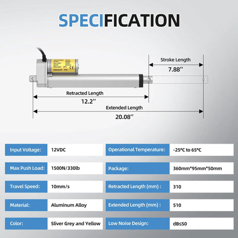 Specification diagram for Beefy 8 Inch 12V Linear Actuator with 330Lb Thrust and 10mm per second speed, showing dimensions and features.