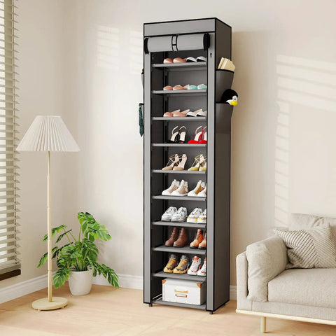 10 Tier Tall Shoe Organizer With Dustproof Cover Large Capacity Shoe Storage Rack For Entryway Closet Or Garage Holds 18 To 22 Pairs Grey Easy To Assemble And Space Saving Design