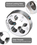 M14 X 1.0 Left Hand Thread Die Pro Grade Heavy Duty Alloy Tool Steel with conical locking hole and clear threads close-up