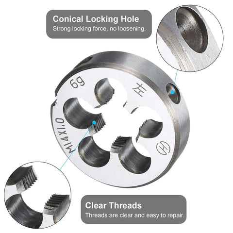 M14 X 1.0 Left Hand Thread Die Pro Grade Heavy Duty Alloy Tool Steel with conical locking hole and clear threads close-up