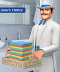 MR.SIGA microfiber cleaning cloths, 11.8x11.8 in, pack of 50, colorful stack in a wicker basket.