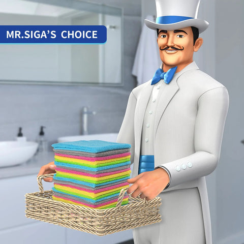 MR.SIGA microfiber cleaning cloths, 11.8x11.8 in, pack of 50, colorful stack in a wicker basket.