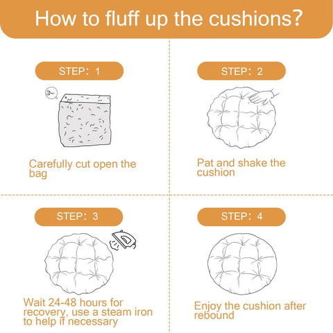 Instructions on how to fluff up the Papasan Chair Cushion 48 Inch Square Thick 6 Inch Cushion With Thick Corduroy Cover Beige Cushion.
