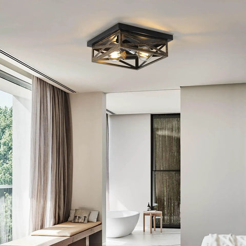 2 Pack Rustic Flush Mount Ceiling Light Fixtures With Industrial Metal Cage Design in modern bathroom