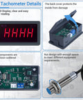 Digital Red LED Tachometer RPM Speed Meter details with Hall Proximity Switch NPN Sensor for 110V 230V Motors, display and wiring
