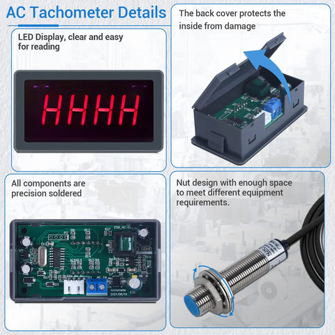 Digital Red LED Tachometer RPM Speed Meter details with Hall Proximity Switch NPN Sensor for 110V 230V Motors, display and wiring