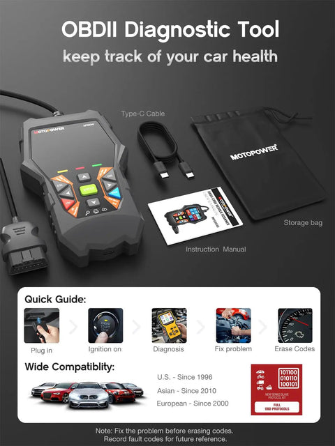 Advanced OBD2 Car Diagnostic Scanner with cable, manual, and storage bag shown with compatibility details.